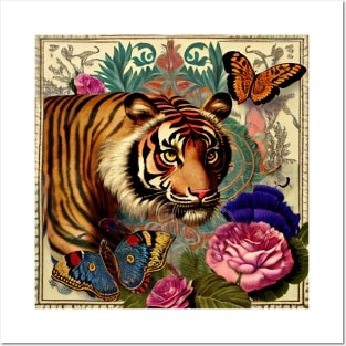 Vintage tiger, flowers and butterflies Posters and Art